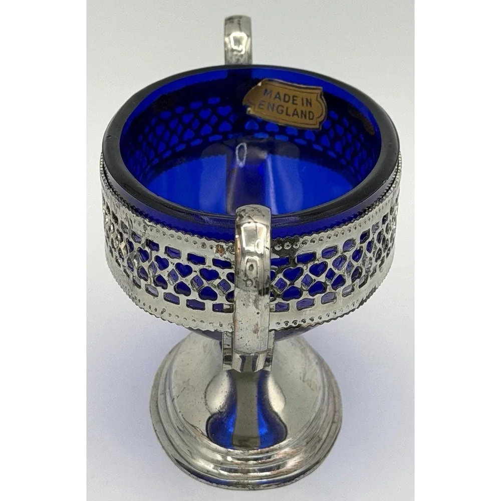 Sugar Bowl England Cobalt Blue Glass w/ Metal Holder Handles New w/ Wear